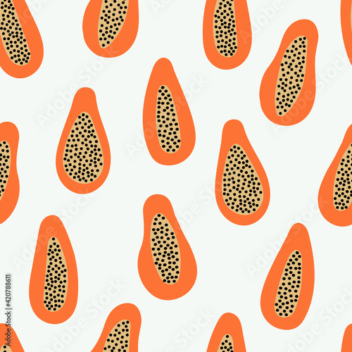 Seamless doodle fruit pattern. Hand drawn papaya on light background. Simple vector illustration for printing onto fabric, clothing, kitchenware