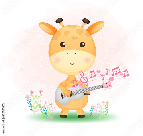Plakaty dla dzieci  cute-doodle-baby-giraffe-playing-a-guitar-on-the-grass-premium-vector