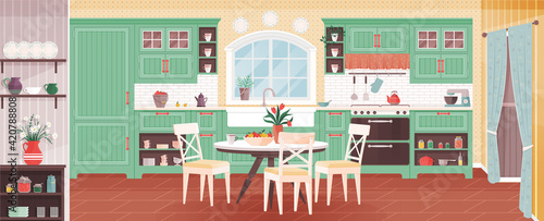 Rustic kitchen empty interior with appliances western wooden furniture