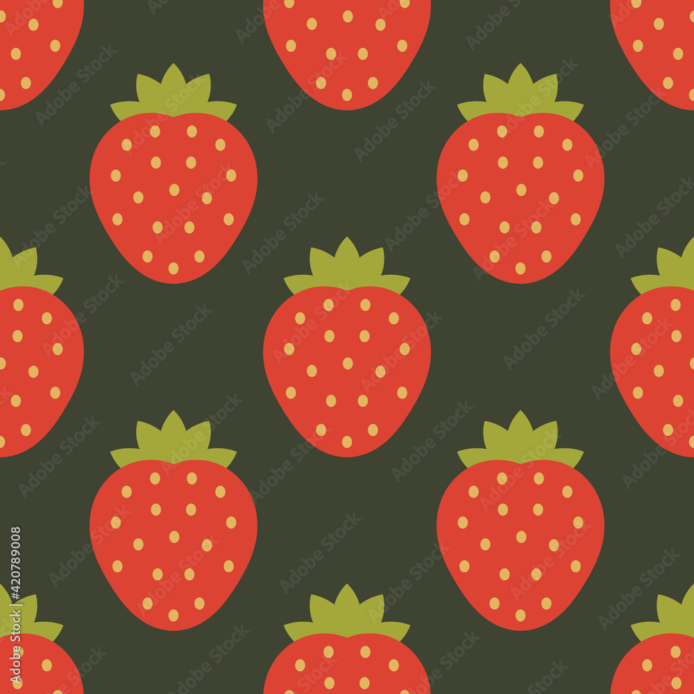 Strawberries pattern on dark background. Flat design strawberry wallpaper texture. Strawberries pattern on dark background. Flat design strawberry wallpaper texture.
