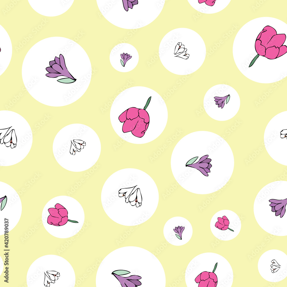 Vector yellow background white pink purple color tulips, floral seamless pattern. Seamless pattern background