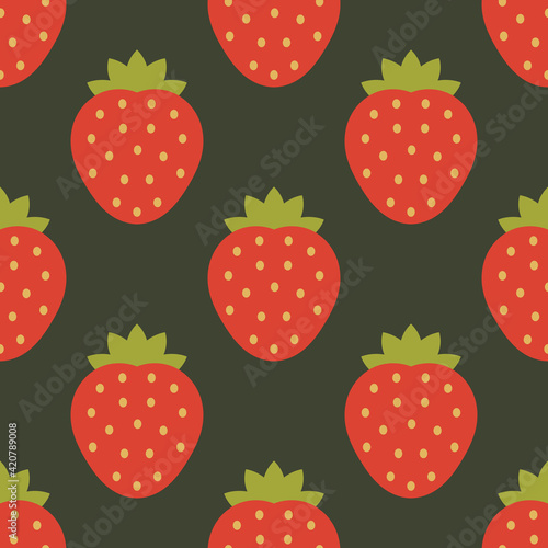 Strawberries pattern on dark background. Flat design strawberry wallpaper texture.