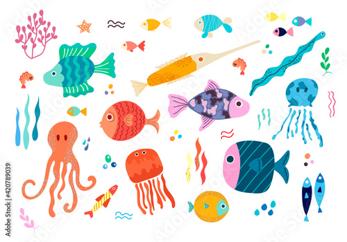 A set of vector elements with colorful tropical sea fish, octopuses and sea animals in a Scandinavian style on a white background. Children's vector illustration for pajamas, fabrics, postcards