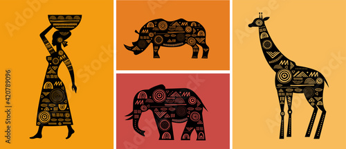 Africa banner with elements - patterned giraffes, elephant, African map, woman and rhino horn, black and white tribal banner