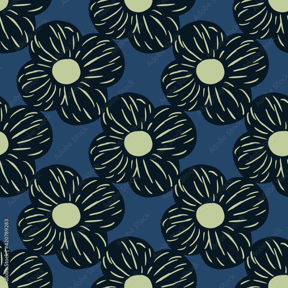 Black colored abstract simple flower shapes seamless pattern. Navy blue background. Botanic backdrop.