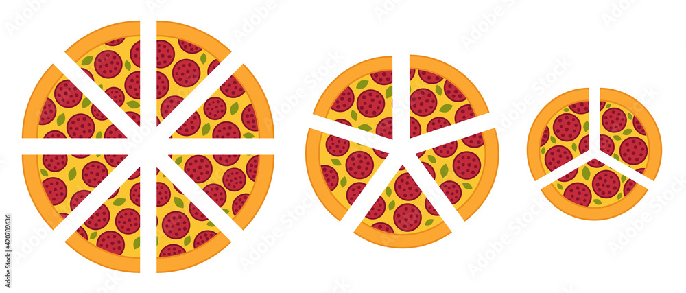 Slices of pizza of different sizes. Diagram infographics set. Cut into ...