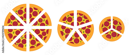 Slices of pizza of different sizes. Diagram infographics set. Cut into pieces. Vector illustration. Fast food.