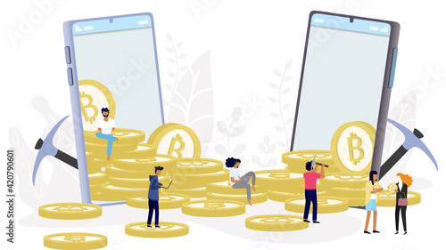 Bitcoin Blockchain cryptocurrency concept. golden coin of cryptocurrency come out from mobile phone in minimal design with  background of tree leaves. Minimal investments for bitcoin and blockchain