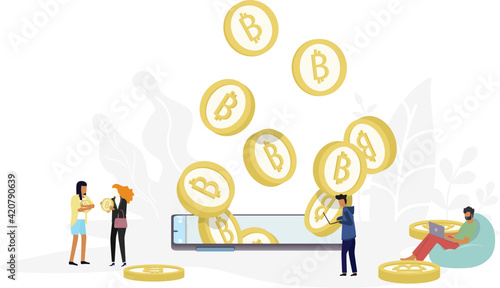 Bitcoin Blockchain cryptocurrency concept. golden coin of cryptocurrency come out from mobile phone in minimal design with  background of tree leaves. Minimal investments for bitcoin and blockchain