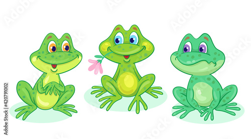 Three funny green frogs are sitting. In cartoon style. Isolated on white background. Vector illustration.