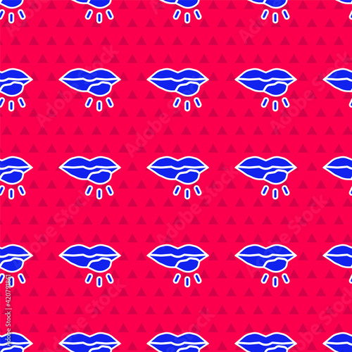Blue Herpes lip icon isolated seamless pattern on red background. Herpes simplex virus. Labial infection inflammation symbol. Vector