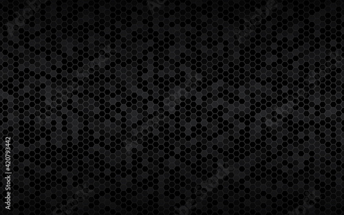 Dark widesreen background with hexagons with different transparencies. Modern black geometric design. Simple vector illustration