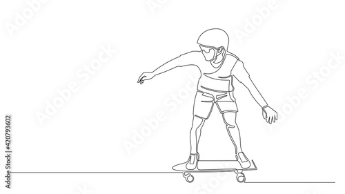 One continuous single drawn line man playing skateboard.