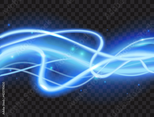 Cold blue plazma glow lines light effect decor vector illustration. Luxury glowing energy banner design with swirl abstract bright shine waves decoration, neon sparkle shimmer on black background
