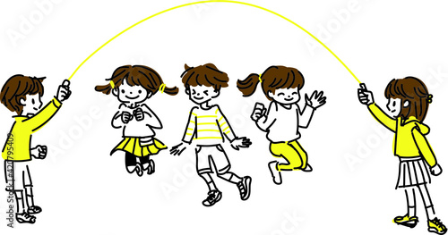大縄跳びをする子供達のイラスト