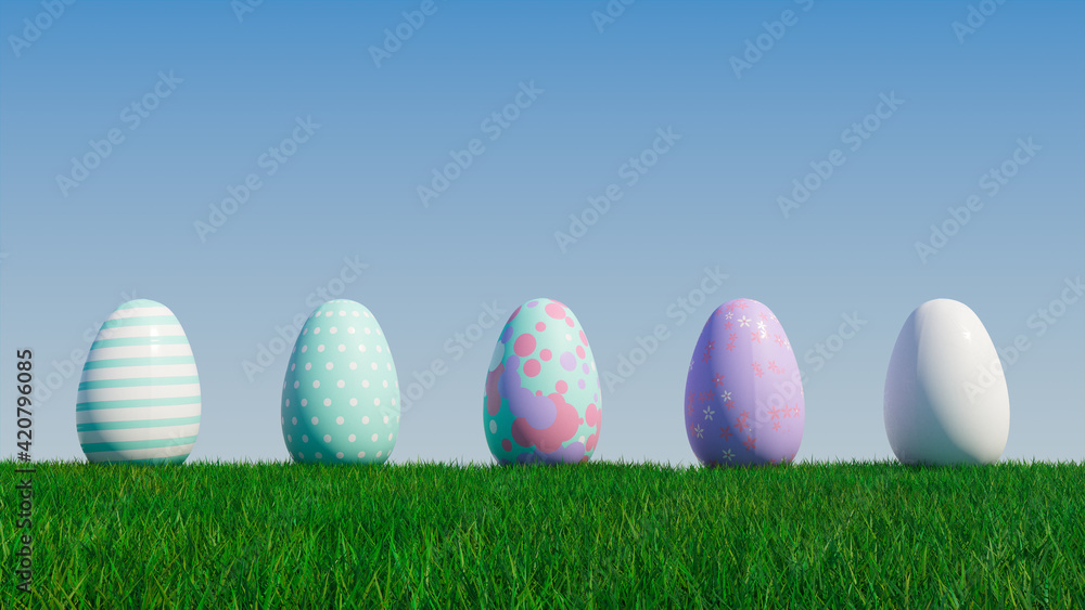 Easter Eggs on a grass lawn, with a clear blue sky. Beautiful Purple, and Aqua Eggs with Spotted, Floral and Striped patterns. 3D Render Easter Eggs on a grass lawn, with a clear blue sky. Beautiful Purple, and Aqua Eggs with Spotted, Floral and Striped patterns. 3D Render