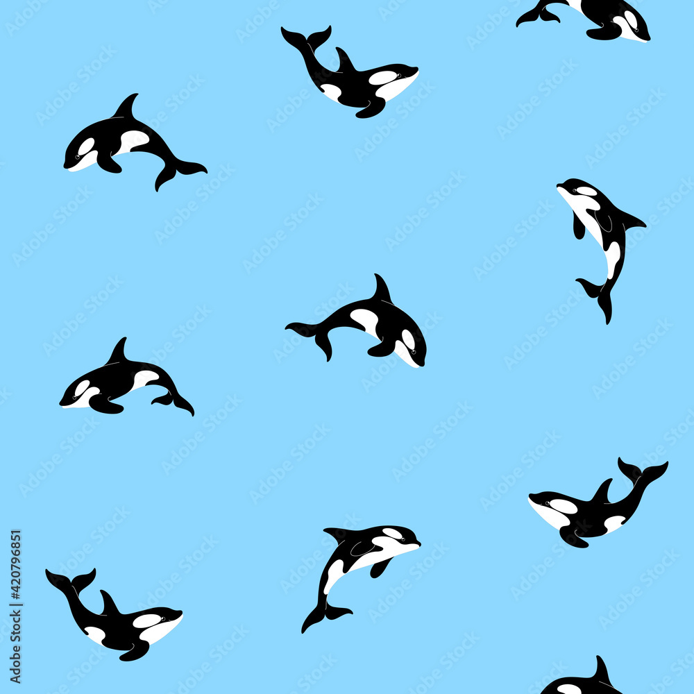 Simple seamless trendy animal pattern with orca. Cartoon illustration.