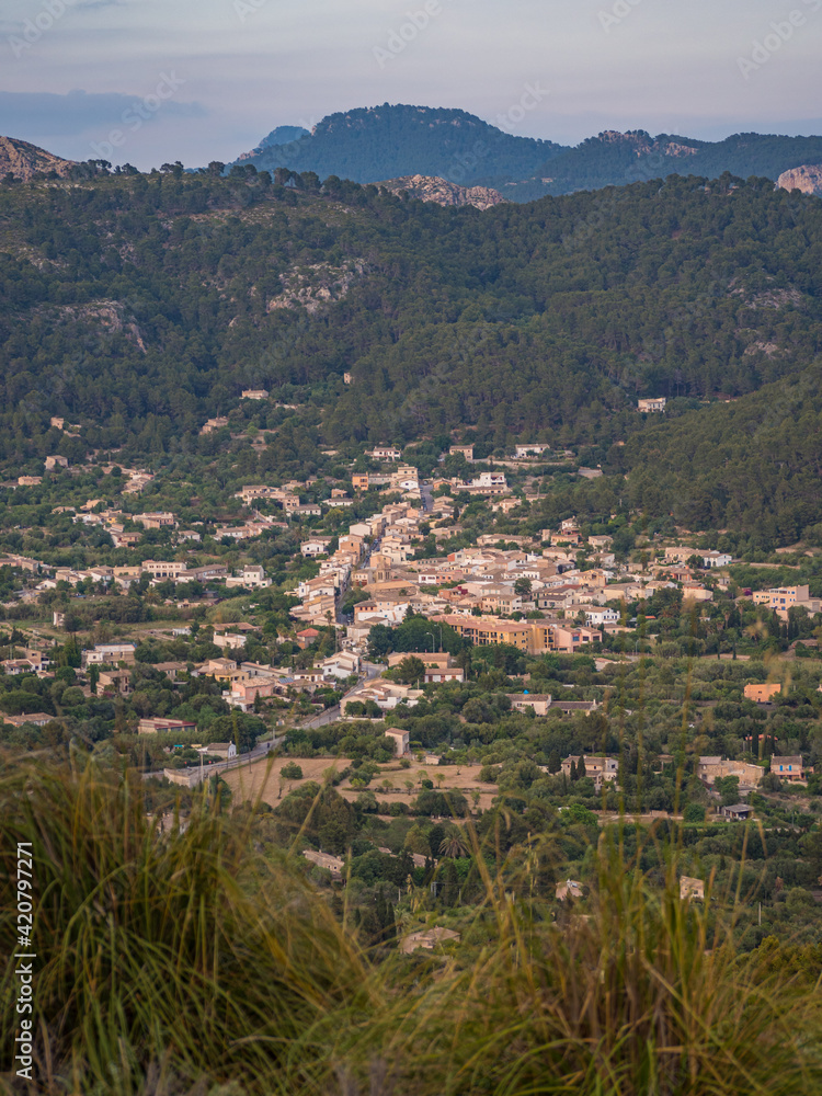 panorama of the mountains with village of Sarraco on the Island of Mallorca, Spain