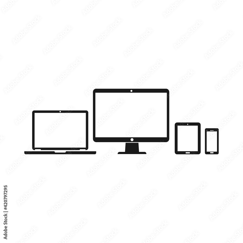 Device icons: smart phone, tablet, laptop and desktop computer. Device icons: smart phone, tablet, laptop and desktop computer.