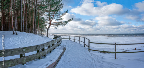 Panoramic view of wooden bench and Baltic sea coast covered in snow during sunny day with blue sky and clouds. Covered in snow sea beach with pine forest in winter. © Maria Vonotna