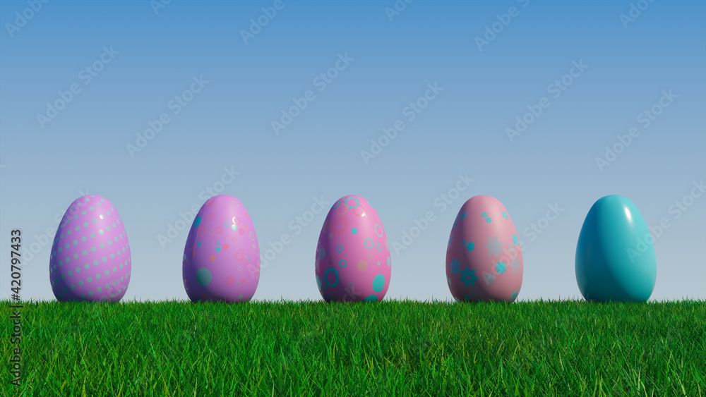 Easter Eggs on a grass lawn, with a clear blue sky. Beautiful Pink Eggs with Polka Dot, Spotted and Floral patterns. 3D Render Easter Eggs on a grass lawn, with a clear blue sky. Beautiful Pink Eggs with Polka Dot, Spotted and Floral patterns. 3D Render