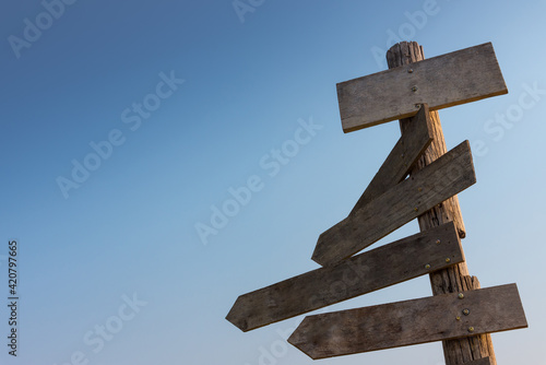 empty wooden signpost with blue sky background