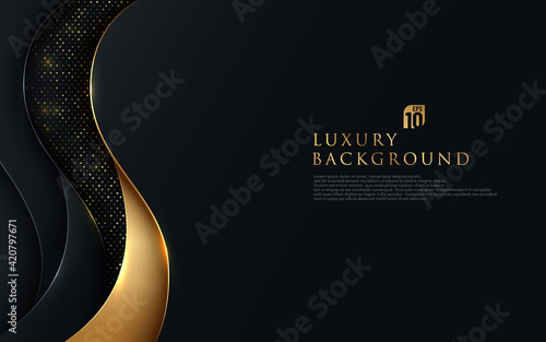 Abstract wavy overlapping on black background with glitter and golden lines glowing dots golden combinations. Luxury and elegant design. Vector illustration