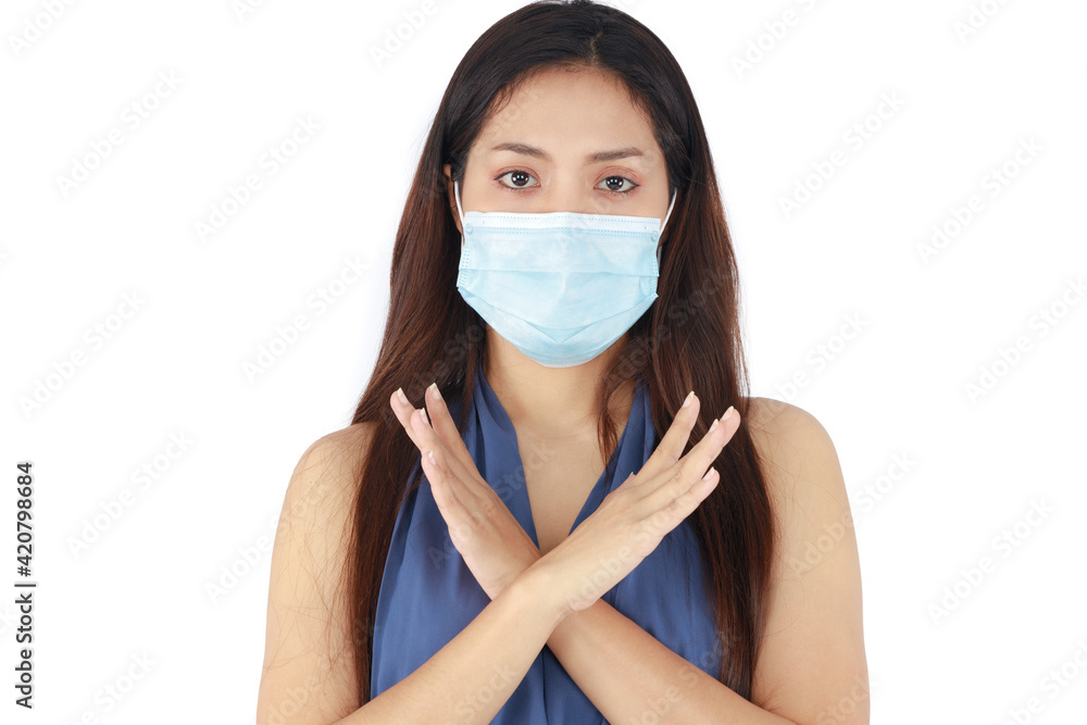 Isolated young Asian woman with long hair wearing a mask has been stressed and anxious from problems caused by the coronavirus covid-19 outbreak on white background. Isolated young Asian woman with long hair wearing a mask has been stressed and anxious from problems caused by the coronavirus covid-19 outbreak on white background.
