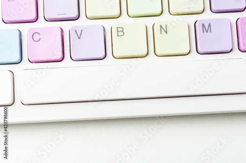Keyboard white keys, numbers, top view, closeup, copy space photo