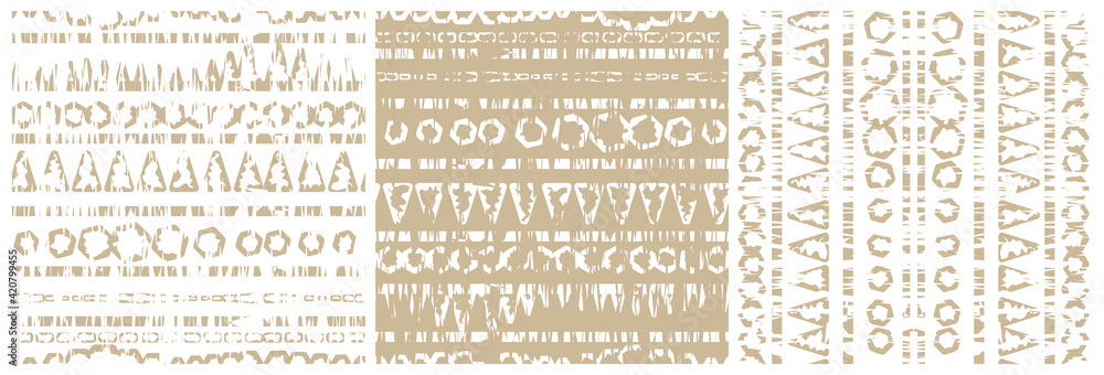 Obraz premium Set of Abstract tribal vector pastel beige white repeat seamless pattern with cut paper Aged effect. Illustration contains hexagons, triangles, rectangles, mathematics elements, shapes, geometry.