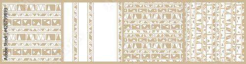 Set of vector pastel beige white monochrome abstract geometric seamless pattern. Tribal illustration contains lines rectangles like wall bricks, triangles, print stripes for textiles or wallpaper.