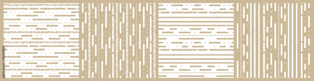 Obraz premium Set of White pastel beige monochrome abstract geometric graphic seamless border pattern. Illustration contains lines like worms, rhombus like stars. Horizontal and vertical stripes for print textiles.