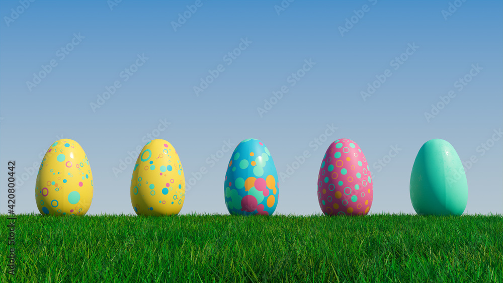 Easter Eggs on a grass lawn, with a clear blue sky. Beautiful Blue, Yellow and Pink Eggs with Circle and Ring patterns. 3D Render Easter Eggs on a grass lawn, with a clear blue sky. Beautiful Blue, Yellow and Pink Eggs with Circle and Ring patterns. 3D Render