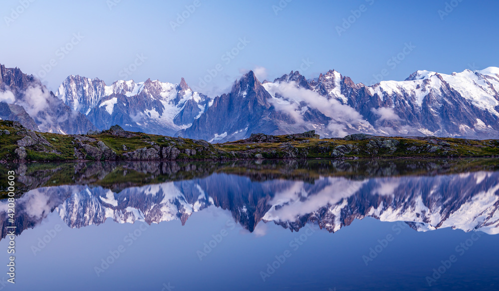 Lac Blanc lake and Mont Blanc (Monte Bianco) beautiful landscape view in Chamonix location. Beautiful outdoor scene in Vallon de Berard Nature Reserve, France