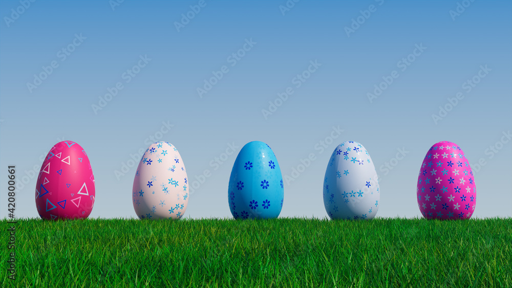 Easter Eggs on a grass lawn, with a clear blue sky. Beautiful Pink, and Blue Eggs with Triangle and Floral patterns. 3D Render Easter Eggs on a grass lawn, with a clear blue sky. Beautiful Pink, and Blue Eggs with Triangle and Floral patterns. 3D Render