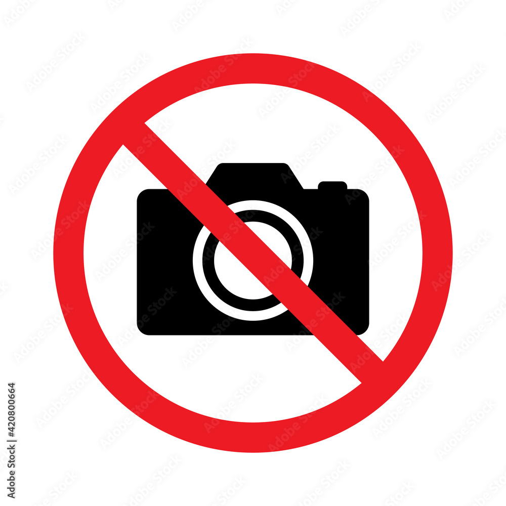 No photography, No camera sign, Taking pictures not allowed, Prohibition symbol sticker for area places, Isolated on white background, Flat design vector illustration No photography, No camera sign, Taking pictures not allowed, Prohibition symbol sticker for area places, Isolated on white background, Flat design vector illustration