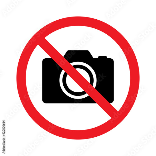 No photography, No camera sign, Taking pictures not allowed, Prohibition symbol sticker for area places, Isolated on white background, Flat design vector illustration