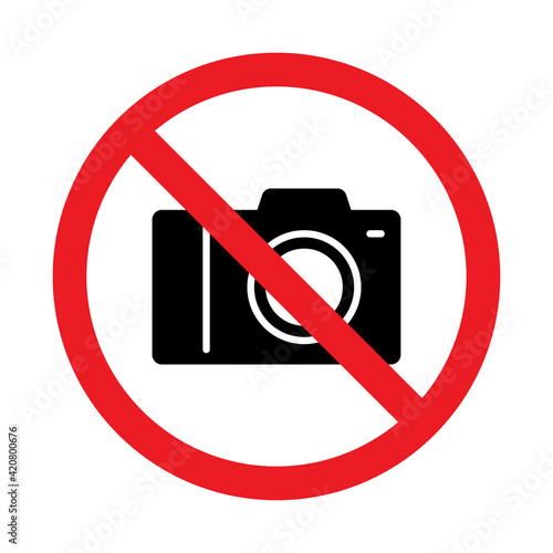 No photography, No camera sign, Taking pictures not allowed, Prohibition symbol sticker for area places, Isolated on white background, Flat design vector illustration