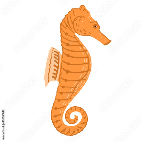 Orenge seahorse isolated on white background. Cartoon character reef fauna in flat style.