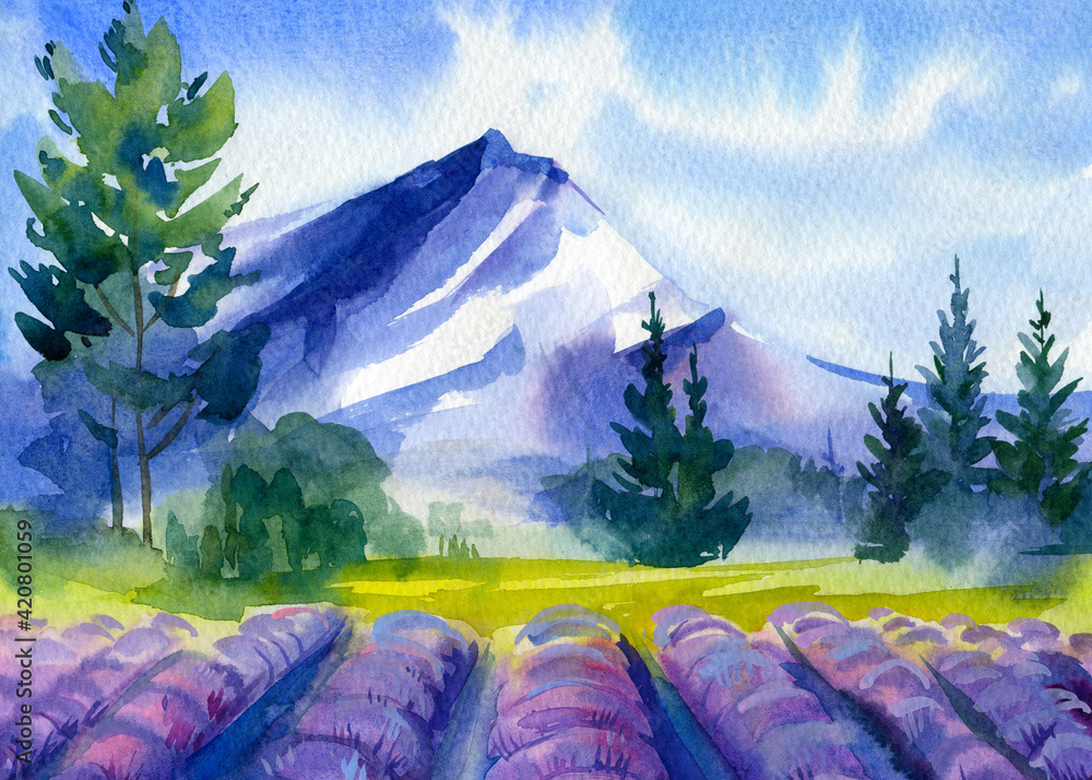 Landscape, mountains and lavender field, watercolor illustration