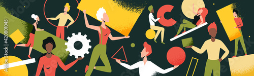 Wide panorama header abstract geometric shapes, flying people, teamwork concept vector illustration. Cartoon tiny woman man team floating in space with figures of geometry, cogwheel gears background