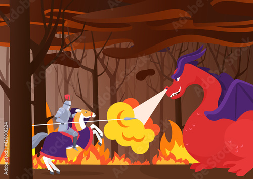 Warrior knight fights dragon vector illustration. Cartoon knight hero character riding horse with shield and spear fighting fire breathing dragon, heroic battle scene in burning forest background