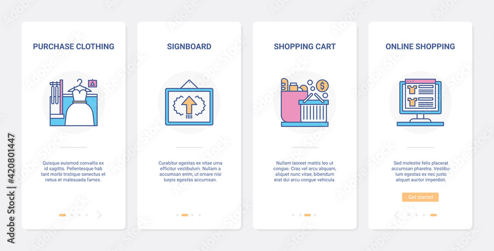 Shopping online modern internet technology vector illustration. UX, UI onboarding mobile app page screen set with line shopping cart of supermarket or grocery store, sales in clothing marketplace