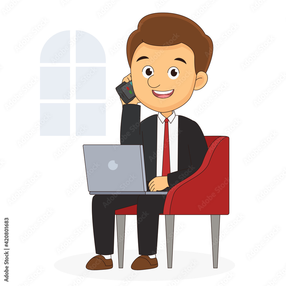 Sitting business manager character talking in mobile phone Sitting business manager character talking in mobile phone