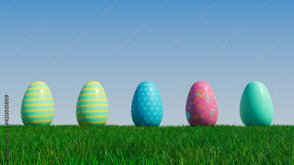 Easter Eggs on a grass lawn, with a clear blue sky. Beautiful Blue, Yellow and Pink Eggs with Striped and Spotted patterns. 3D Render Easter Eggs on a grass lawn, with a clear blue sky. Beautiful Blue, Yellow and Pink Eggs with Striped and Spotted patterns. 3D Render