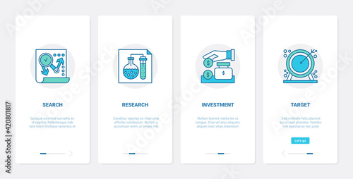 Business startup analysis research, development and investment technology vector illustration. UX, UI onboarding mobile app page screen set with line hand investing money bag to develop business goal
