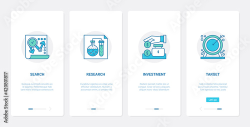 Business startup analysis research, development and investment technology vector illustration. UX, UI onboarding mobile app page screen set with line hand investing money bag to develop business goal © lembergvector