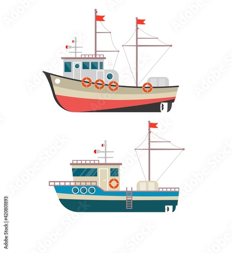 Commercial fishing boat side view isolated icon. Sea or ocean transportation, marine ship for industrial seafood production.