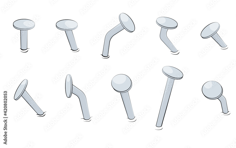 Old metal nails in cartoon style with black outline. Isolated set tools on white background. Vector illustration for design.