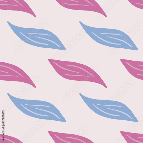 Pink and blue colored simple leaf shapes ornament seamless pattern. Light pastel background.